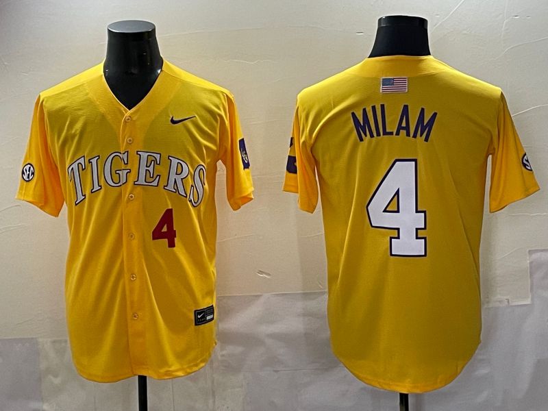 Men 2025 LSU Tigers #4 Milam Yellow Nike Joint Name Nike NCAA Jersey style 4